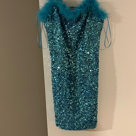 Allison & Kelly Turquoise Sequin Feather Trim Bodycon Dress NWT - Picture 1 of 3